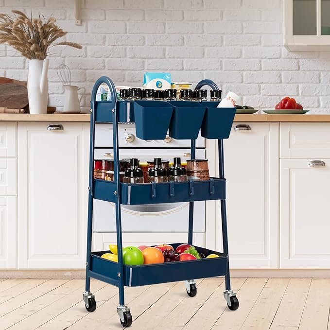 danpinera 3-Tier Rolling Cart, Utility Cart Mobile Metal Rolling Storage Cart with Lockable Wheels & Hanging Cups & Hooks for Kitchen, Bathroom, Office, Workshop, Dark Blue