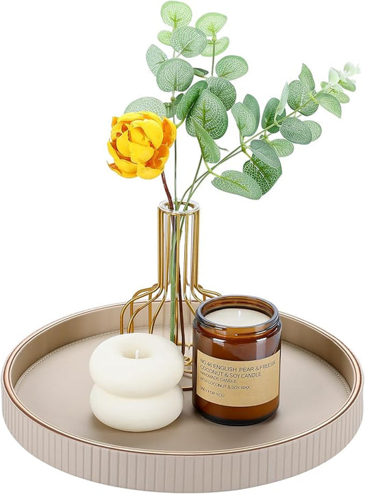 GORESE 12" Round Decorative Tray for Coffee Table, PU Leather Compact Serving Tray for Home Decor & Everyday Accents, Modern Nightstand Tray for Jewelry & Perfume, Beige