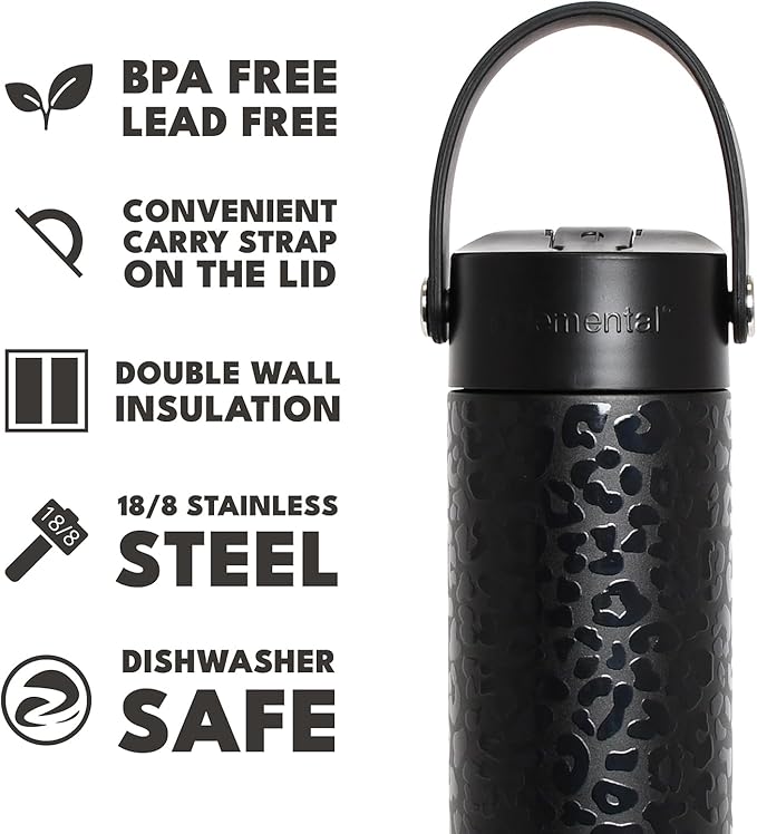 Elemental 24oz Insulated Water Bottle with Straw - 100% Leak-Proof Stainless Steel Core Water Bottles for Travel, Sports and Gym - Double Wall Insulation & BPA Free - Black Leopard