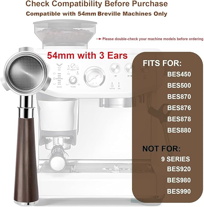 54mm Bottomless Portafilter for BES870/878/880, Barista Express/Pro/Touch | Solid 304 Stainless Steel & Ergonomic Ebony Handle | Includes 18g Basket
