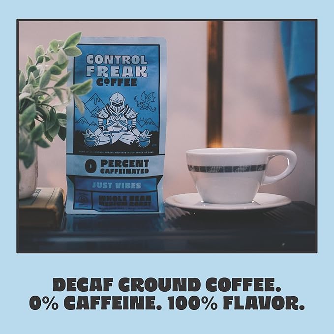 Control Freak Decaf Coffee Just Vibes, 0% Caffeine Ground Coffee (12 Oz) – Fresh Sugarcane Processed Coffee Beans, Chemical-Free Decaffeination, Calm Energy, Full Flavor, No Buzz