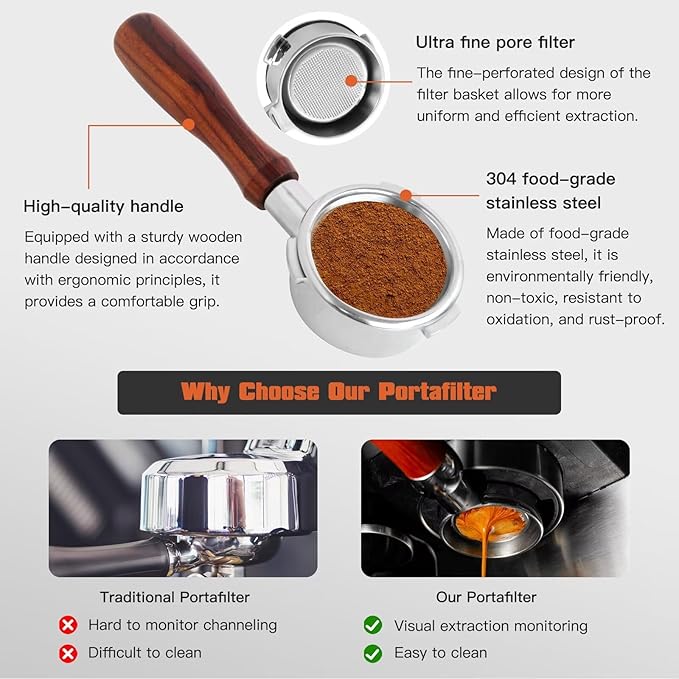 Upgraded 58mm Bottomless Portafilter with 3 Ears, Espresso Portafilter with Filter Basket and Puck Screen, Fit for CAS-ABREWS 5700 Series, for Café Bellissimo Semi Automatic