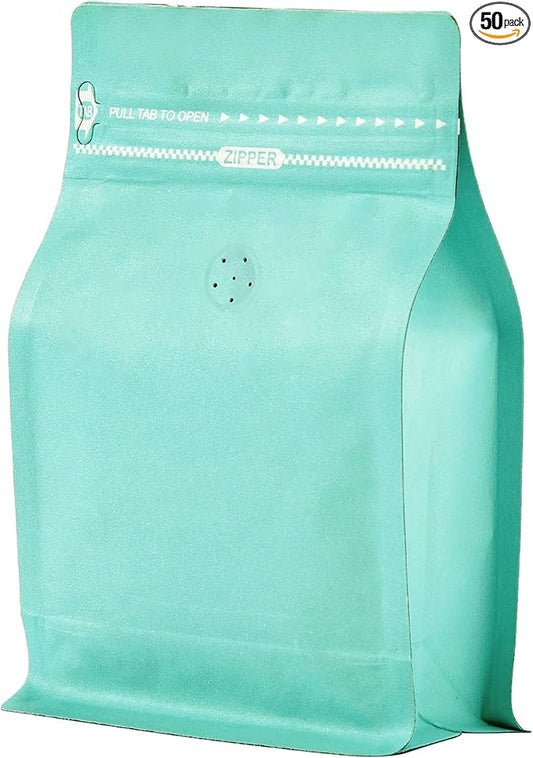 50 Count 8 Ounce Green Blue Kraft Paper Coffee Bags with Air Release Valve, High Barrier Coffee Pouches for Home, Store, Flat Bottom (50pcs/8oz, 0.5lb, 250g)