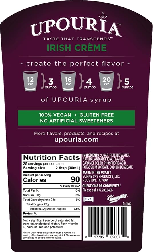 Upouria Irish CremeCoffee Syrup Flavoring, 100% Vegan, Gluten-Free, Kosher, Keto, 750 mL Bottle (Pack of 2) with Coffee Syrup Pump