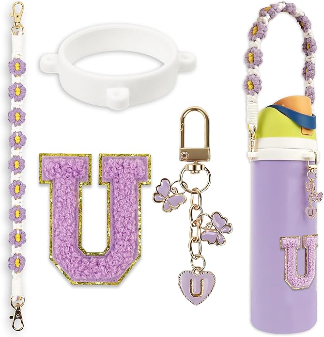 Compatible with Owala Water Bottle Accessories, Cute Letter Charm Set with Boho Handle Strap, Monogram Sticker, Silicone Ring, Keychain Decoration, for FreeSip 24 32 40oz, Owala Kids, Tumbler Gift