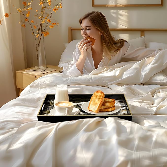 MAONAME Black Decorative Tray with Handles, Plastic Serving Tray for Coffee Table, Marbling Rectangular Tray for Ottoman, Bathroom, Storage, 15.7" Lx 10.2" W X 1.57" H