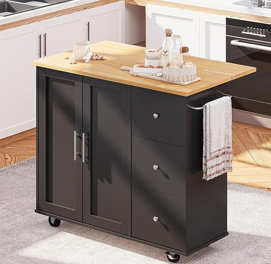 SUNLEI Kitchen Island on Wheels with Storage Cabinet & Foldable Drop Leaf, Rolling Kitchen Table, Cart Handle for Towel Rack, Drop Leaf, Portable Islands for Kitchen (Classic Black, 39.7-INCH)…