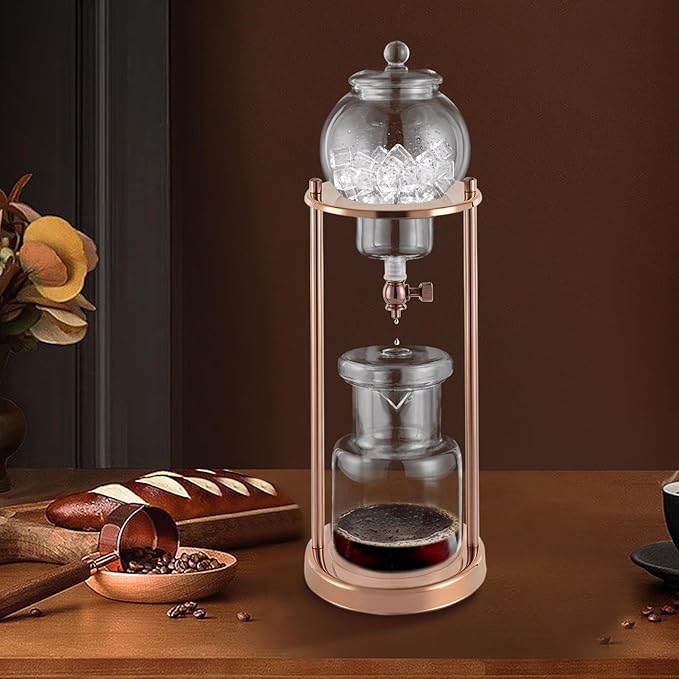 Iced Coffee Cold Brew Drip Tower Coffee Maker, Wooden Ice Coffee Machine, Stainless Steel and Borosilicate Glass, Long Neck Sharing Pot, with Measuring Spoon (Gold)