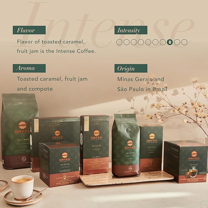 ORFEU - Special Coffee Intense - 100% Arabica Coffee, Dark Roast, Ground & Roasted, Aroma of Toasted Caramel & Fruit Jam, Low Acidity, Made In Brazil, Velvety Body - 250g (8.8oz)