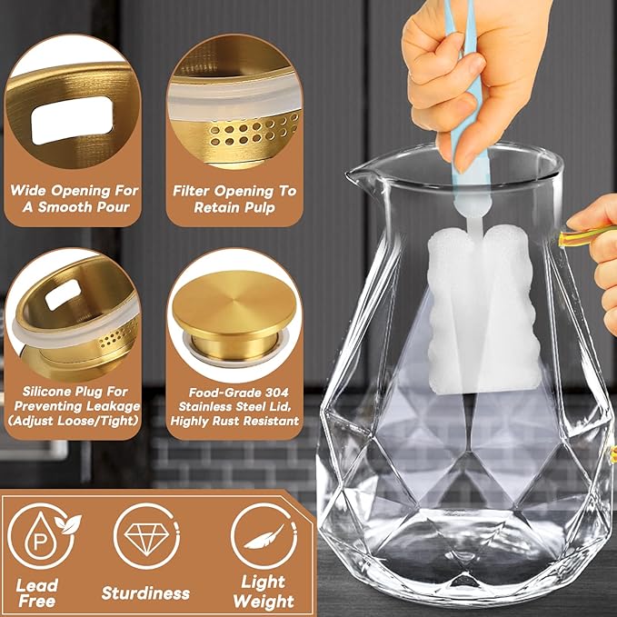 Yirilan Glass Pitcher, 2.2 Liter Water Pitcher With Lid,Iced Tea Pitcher for Fridge,Carafe With Lid, Glass Water Jug For Juice, Milk, Cold Or Hot Beverages, 2 Quart