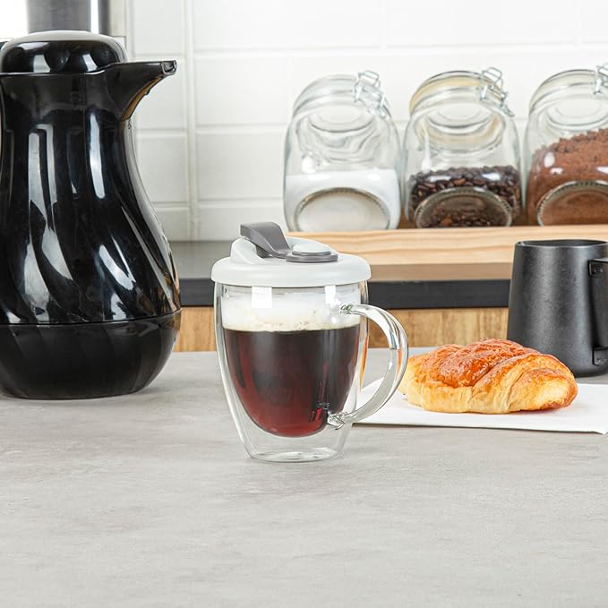 Restaurantware - Forma Professional 11.8 Ounce Insulated Travel Mug With Handle, 1 Double Wall Coffee Mug - Includes Lid, Reusable, Clear Borosilicate Glass Tumbler, Dishwashable, Microwavable