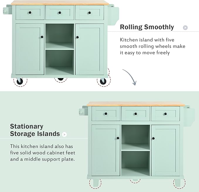 Yayzy Rolling Kitchen Island with Drop Leaf & Cabinet Door Storage Racks, 53” Kitchen Cart with 3 Drawers, Rubberwood Top, Locking Wheels, for Kitchen and Dining Room, Mint Green