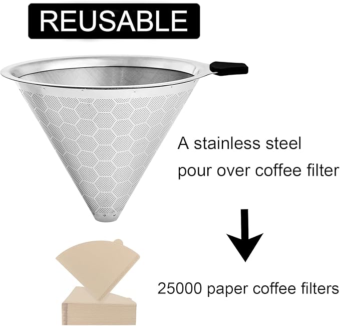 GLMMIR Pour Over Coffee Filter Compatible with Chemex 6/8/10 Cups & Hario V60 02 03, Reusable Stainless Steel Metal Cone Slow Drip Coffee Filter, Coffees Pour Over Dripper Filters