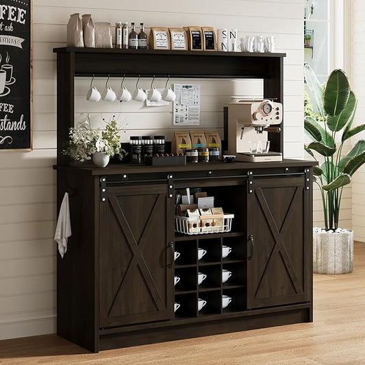 4ever2buy Farmhouse Coffee Bar Cabinet with Hutch and 6 Hooks, 47 Inch Wine Cabinet with Storage, Kitchen Buffet Cabinet with Adjustable Shelves &9 Wine Racks for Living Dining Room, Dark Oak