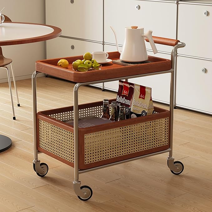 Mid Century Solid Wood Side Table,Rolling Cart,2 Tier Small End Table with Wheels,Mobile Side Table with Breathable Storage Basket,Suitable for Living Rooms,Kitchens,Bedrooms (Red B)