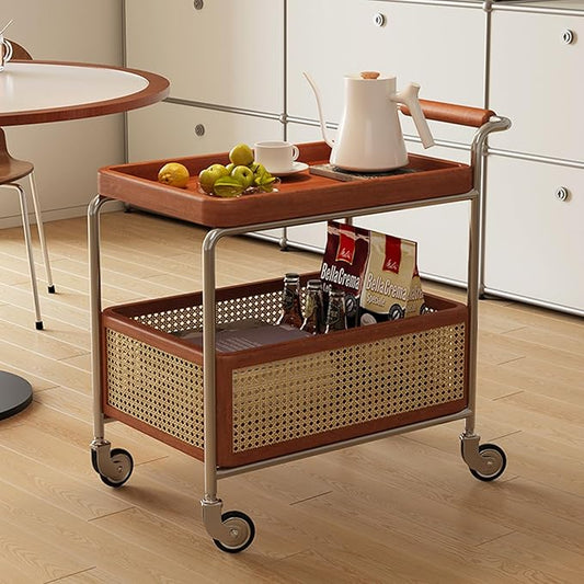 Mid Century Solid Wood Side Table,Rolling Cart,2 Tier Small End Table with Wheels,Mobile Side Table with Breathable Storage Basket,Suitable for Living Rooms,Kitchens,Bedrooms (Red B)
