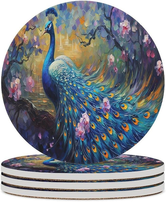 Peacock Drink Coasters, Round Ceramic Drink Coaster Round-4PCS, Vintage Watercolor Style Floral Beautiful Blue Peacock Decor Absorbent Ceramic Coasters for Beverage Cup, Bar, Coffee Table