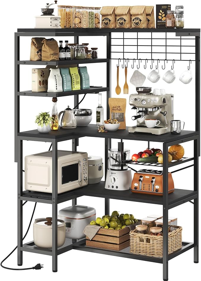 iabifo L-Shaped Bakers Rack with Power Outlet, 6-Tier Microwave Stand with Open Storage, Coffee Bar with Hooks, Mesh Grid, Kitchen Shelf with Wire Basket, Black