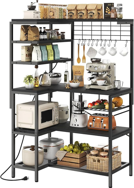 iabifo L-Shaped Bakers Rack with Power Outlet, 6-Tier Microwave Stand with Open Storage, Coffee Bar with Hooks, Mesh Grid, Kitchen Shelf with Wire Basket, Black