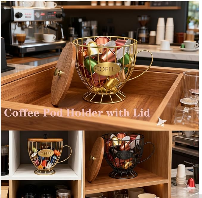 Coffee Pod Holder with Lid -Coffee Creamer Holder Large Capacity Holder for k Holder Organizer for Counter - Coffee Decor Station for Pods, Espresso, Capsules, Creamer, (Black-CC)