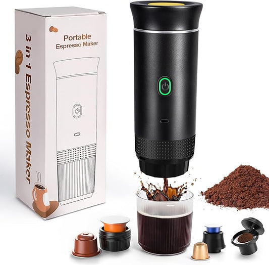 Electric Espresso Machine, 3 In 1 Portable Coffee Maker for Travel, 4-6 min Self-Heating, Compatible with Ground Coffee & Large Capsules, Small Capsules, for Hiking, Camping, RV, Office (Black)