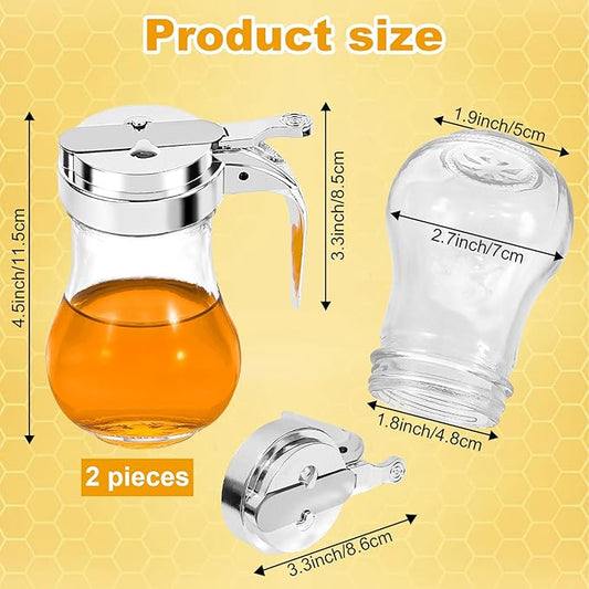 2Pcs 8oz Syrup Dispenser Honey Pot Glass Honey Dispenser Jar, Maple Syrup Dispenser, Honey Container, Commercial Quality With Handle Honey Dispenser for Home Kitchen Storage (1, Plain weave 2 pack)