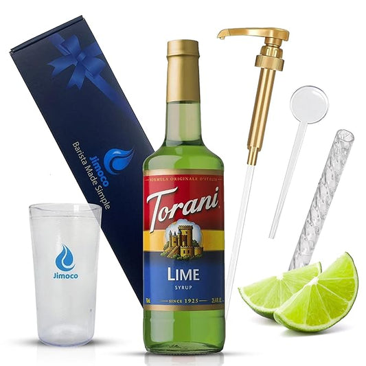 Jimoco Barista Set – Torani Lime Syrup 25.4 oz, Jimoco Pump, Reusable Cup, Straw & Stirrer – Coffee, Italian Soda & Cocktail Flavoring Kit
