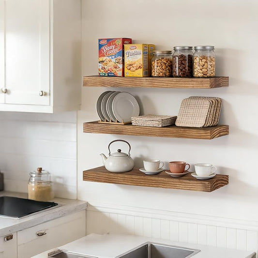 Floating Wall Shelves 24x6.8x1.7 Inch – Solid Wood Rustic Shelves in Dark Oak Finish – Wall Mounted Display Shelf for Bathroom, Kitchen, Bedroom – Set of 3