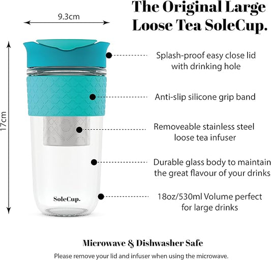 Large Travel Mug Loose Tea Infuser - Detachable Tea Strainer with Spill Proof Lid - 18oz/530ml BPA-Free Reusable Glass Travel Coffee Cup with Silicone Band (Blue, 18oz)