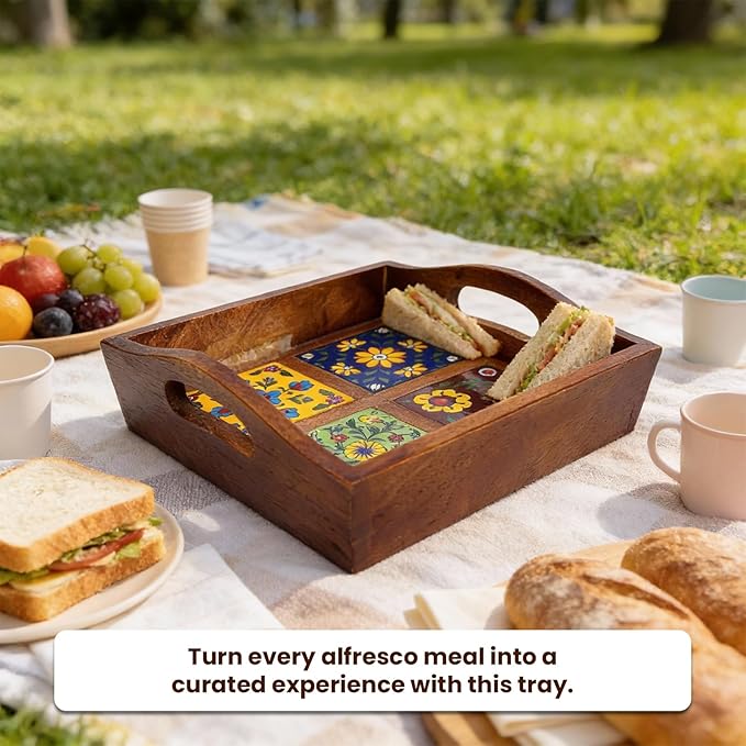 Craft Trade Mango Wood Serving Tray with Handle and 4 Fitted Floral Ceramic Tiles Wooden Platters Perfect for Breakfast Tea Coffee Snacks Dinner 23x23x8 cm Square