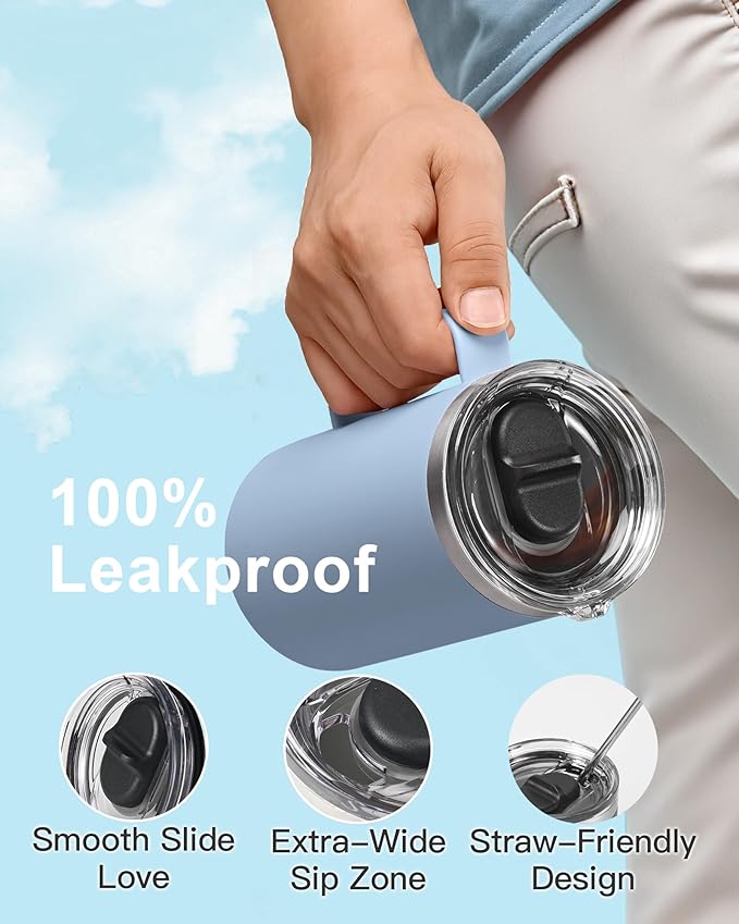 Insulated Coffee Mug 24 oz, Double Wall Stainless Steel Coffee Mug with Lids, Leak-Proof & Detachable Slider Lid for Thorough Clean, Keeps Coffee Cold for 9 Hrs, Suitable for Camp Home Office