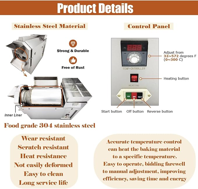 BEILOCKERY 55 Lbs Commercial Automatic Heating Roasting Machine (0-300℃), Multifunctional Large Stainless Steel Drum Chestnuts Roaster Baker Equipment for Nuts Coffee Bean 220V 6.5kW Three-phase
