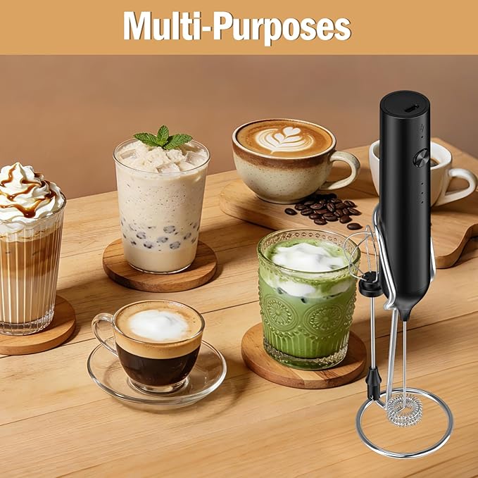 Rechargeable Milk Frother Handheld, Electric Whisk with 3 Speeds, Hand Drink Mixer with 2 Heads, Portable Coffee Frother Wand Handheld for Coffee, Lattes, Cappuccino, Eggs (Black)