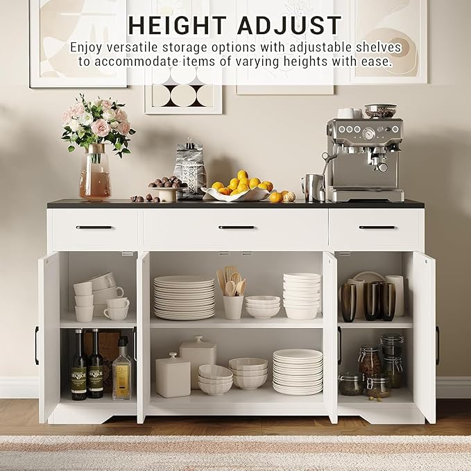 Farmhouse Modern Buffet Sideboard Cabinet with 3 Drawers, 55" Large Wood Kitchen Storage Coffee Bar Cabinet for Kitchen, Dining Room
