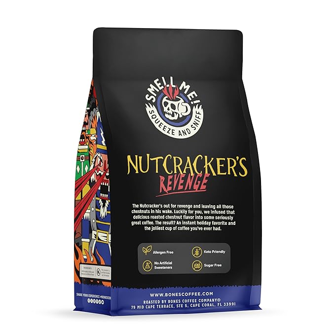 Bones Coffee Company Nutcracker's Revenge, Roasted Chestnut Flavored Coffee, Medium Roast Low Acid Arabica Beans Compatible with Auto drip and French Press Coffee Maker, 12 Oz Ground