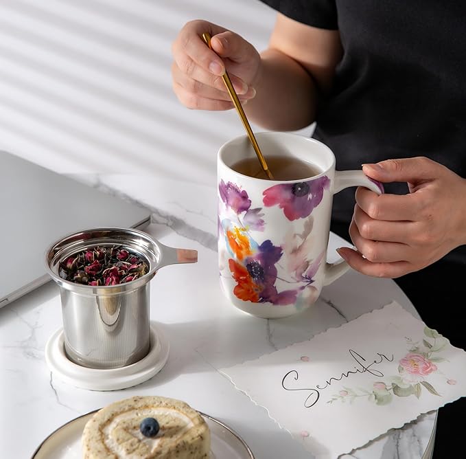 AmorArc Porcelain Tea Mug with Infuser and Lids, 18 Oz Large Cup Strainer with Bag Holder for Loose Leaf Tea, Steeping Coffee Mug for House-warming Wedding Birthday Gift