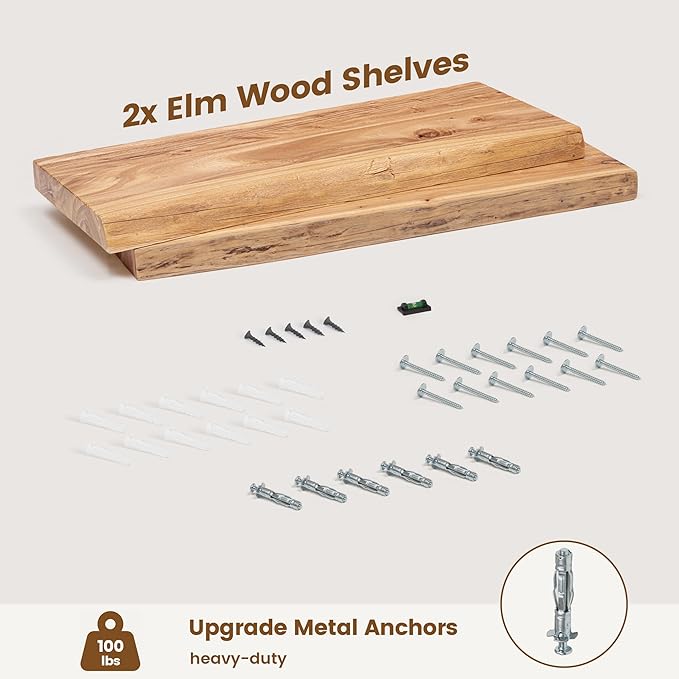 Reclaimed Elm Wood Floating Shelves for Wall, Live Edge 24"W x 9.2"D x 1.4"H, Set of 2 with Invisible Bracket, Wall Mounted Shelves for Living Room Bedroom Kitchen Bathroom Decor, Natural Finish