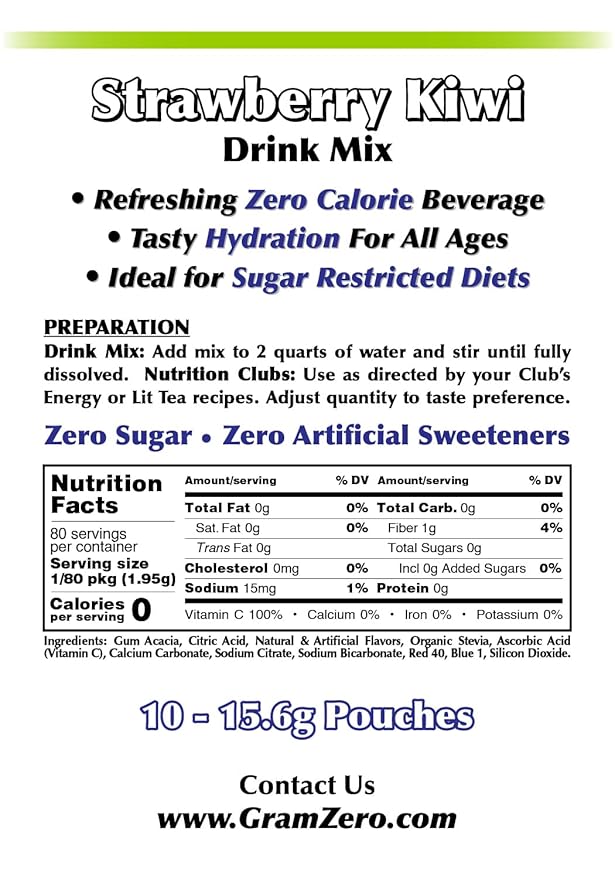 GramZero Strawberry Kiwi, Sugar Free Drink Mix, Pitcher Pack, Great For Nutrition Club Loaded Tea, Zero Calorie, Stevia Sweetened
