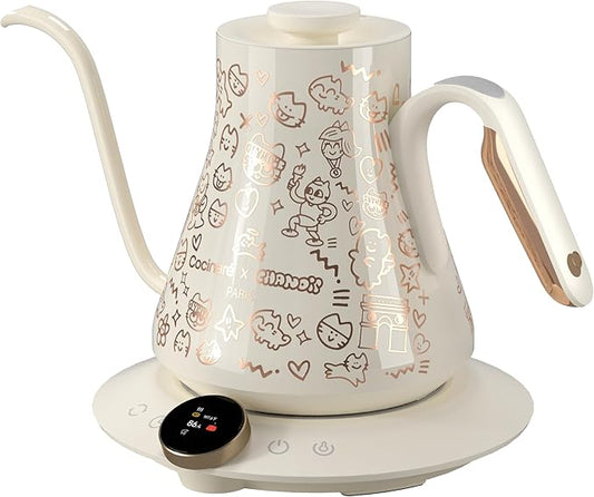 Cocinare Collab Collection Chanior White Gooseneck Electric Kettle, ±0.5℉ Precise Temperature Control for Pour-Over Coffee & Tea, Quick Heating 1500W, Stainless Steel Interior, 0.9L