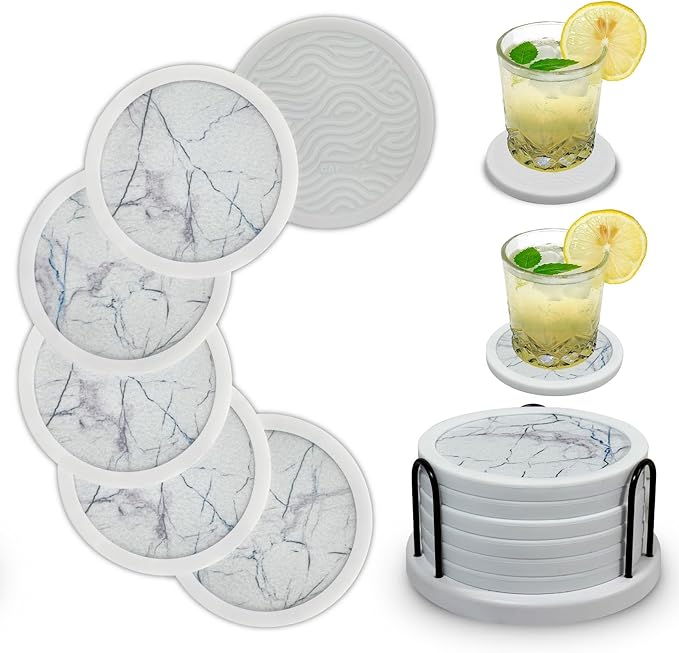 Set of 6 Non-Slip Silicone Coasters with Holder, Double-Sided Absorbent for Hot/Cold Drinks, Scratch & Water Ring Protection for Wood Tables, Home Office Bar, Black Gold Marble (White)