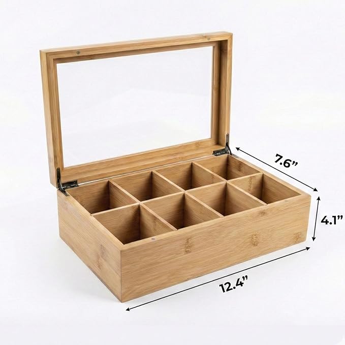 Acacia Wood and Bamboo Tea Bag Organizer - 4 & 8 Compartment Tea Box for Countertop - Tea Station & Coffee Bar Accessories - Fits Large & Craft Tea Bags (Wood, 8 Compartment)