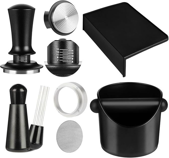 Espresso Accessories,6 PCS Espresso Machine Accessories Kit,Coffee Tamper Tools Set with Espresso Tamper,Coffee Tamping Mat,WDT Distribution Tool,Knock Box,Dosing Funnel and Puck Screen(51mm)