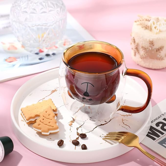 Patelai Cute Bear Tea Cup Double Wall Glass Milk Coffee Bear Mug with Handle Insulated Espresso Christmas Beer Cup Cute Birthday Gift for Women Men Valentine, 250 Ml/ 8. 4 oz(Brown,1 Piece)