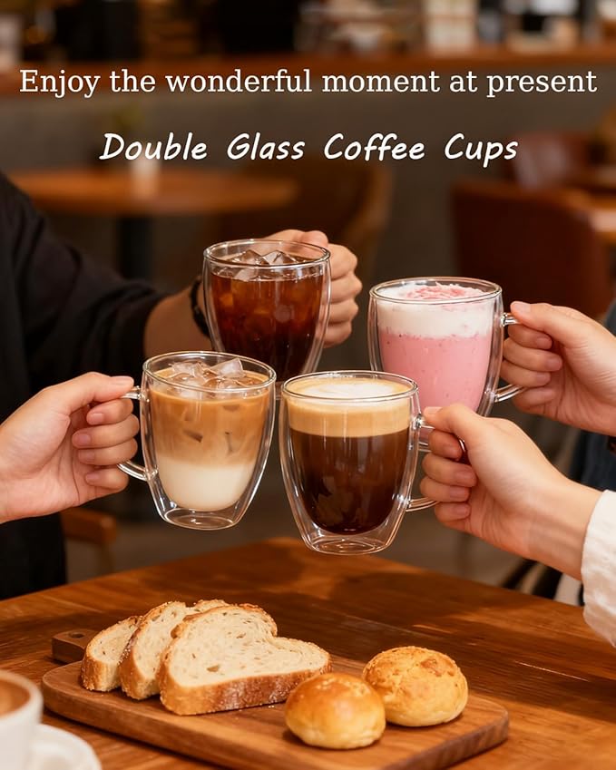 Glass Coffee Cups Set Of 6 - 12oz Double Walled Glass Coffee Mugs with Handle,Clear Insulated Borosilicate Glass Mug,Suitable for Cappuccino,Tea,Latte,Hot Beverage and Wine (6 Pack 12oz +6 Spoons)
