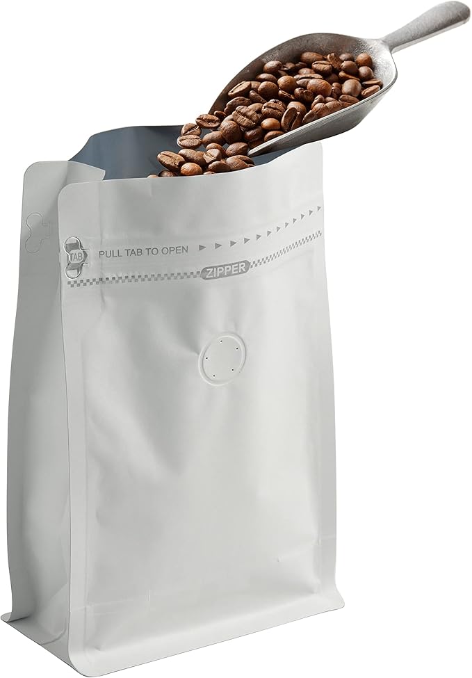 50 Count 4 Ounces White Kraft Paper Coffee Bags - High Barrier Aluminium Foil Liner - Flat Bottom Coffee Pouches with Degassing Valve, Food Storage Bags with Rsealable Zipper & Easy Open Tape (50pcs, 4oz/0.25lb/100g)