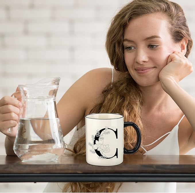 Monogram Ceramic Coffee Mugs, 11 oz Initial Drinking Cup with Gift Box, Unique Birthday Valentines Day Gifts for Women Wife Mothers Day Grandma Mom Aunt, C