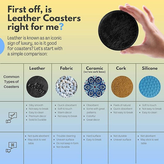 LAMOTI Leather Coasters for Drinks, 4" Drink Coasters Set of 6 with Holder for Tabletop Protection, Handmade Luxurious Home Décor and Housewarming Gift (Black)
