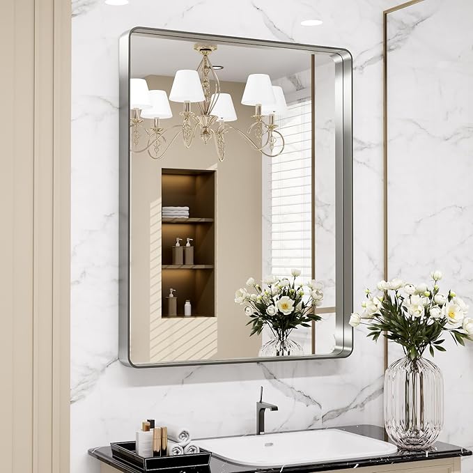 LOAAO 30X36 Inch Brushed Nickel Bathroom Mirror, Rounded Rectangle Silver Metal Frame Mirror, Brushed Nickel, Anti-Rust, Shatter Proof, Hangs Horizontally or Vertically