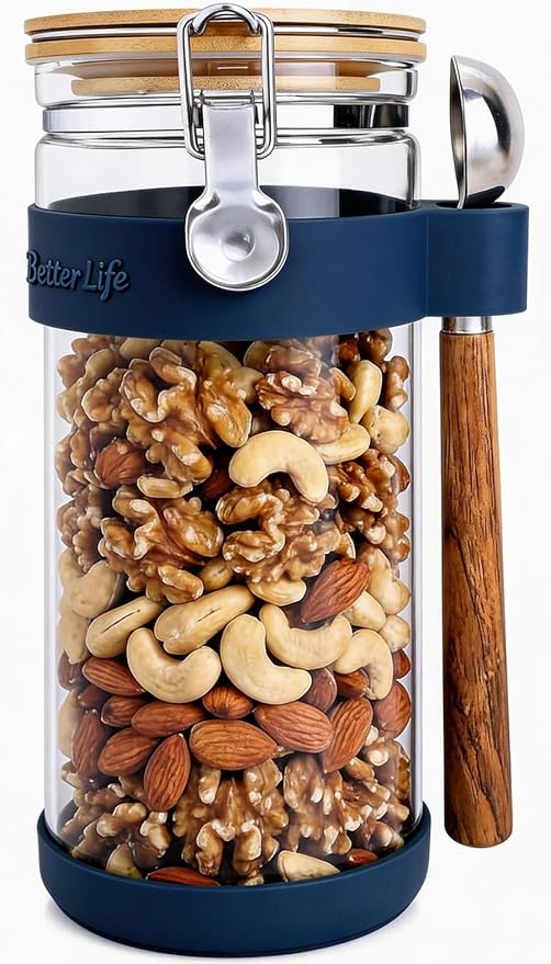 1.5-Quart Large Glass Nuts Storage Container, Airtight Food Storage Jar with Bamboo Lid & Scoop, Keeps Nuts Crunchy & Fresh, Perfect for Pantry Organization & Storing Nuts, Almonds, Peanuts