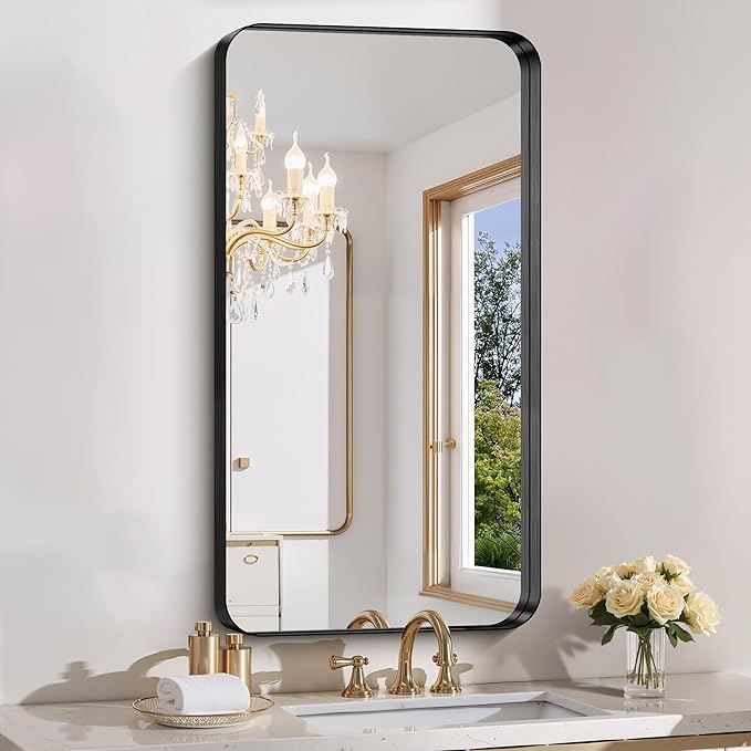 FORBATH 40x20 Inch Bathroom Mirror for Wall, Black Metal Framed Vanity Mirrors for Over Sink, Rounded-Corner Rectangle Mirror for Bedroom Living Room Entryway Hallway, Hangs Horizontal or Vertical